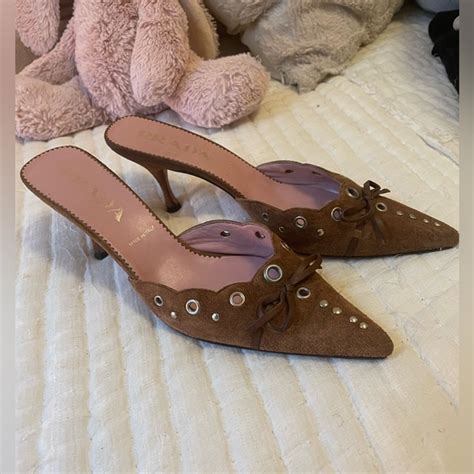 prada flat suede mules with crystals|prada kitten heel mules.